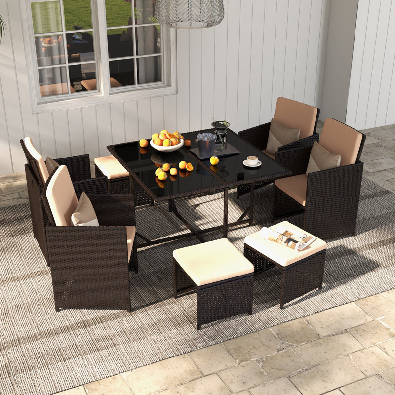 Latitude Run Patio Dining Table Set 9 Pieces Wicker Dining Set With Space Saving Rattan Chairs Outdoor Table And Chairs Patio Furniture Sets Cushioned Seating And Back Khaki Wayfair